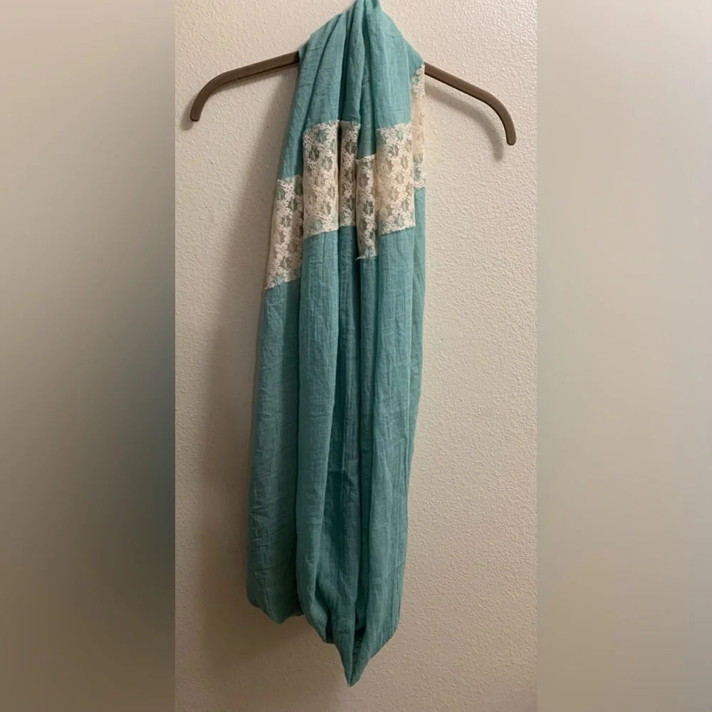 Hinge Blue and Cream Lace Infinity Scarf Cottagecore Easter Spring FLAW